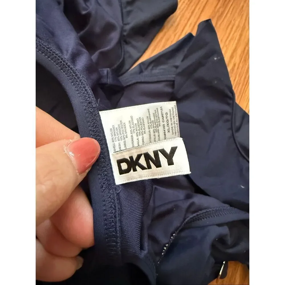 DKNY Women's Ruched Ruffle V-neck Tummy Control One Piece Swimsuit Navy XL - Picture 5 of 7
